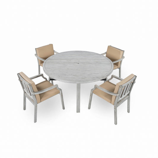 Outdoor Wooden Dinning Set With An Umbrella Hole And Removable Cushions For Patio