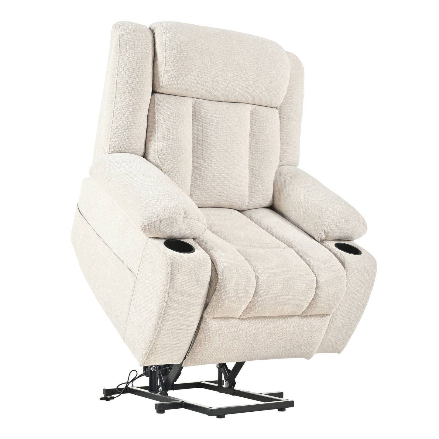 Power Lift Recliner Chair With Extended Footrest, Remote Control, Cup Holders, And Side Pockets