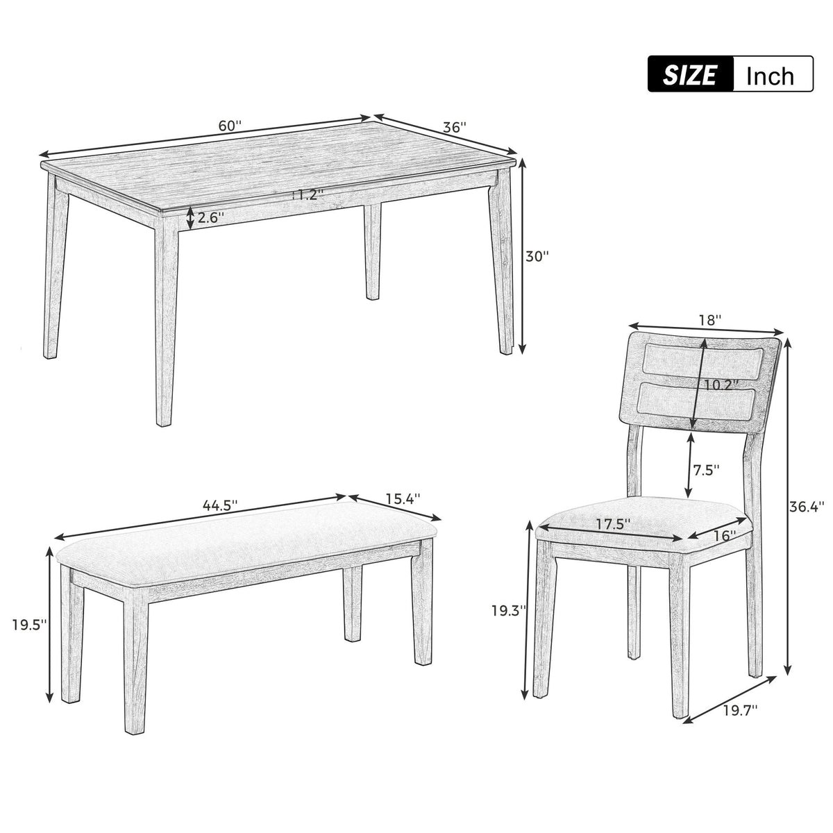 6 Piece Dining Set, Upholstered Chairs And Bench