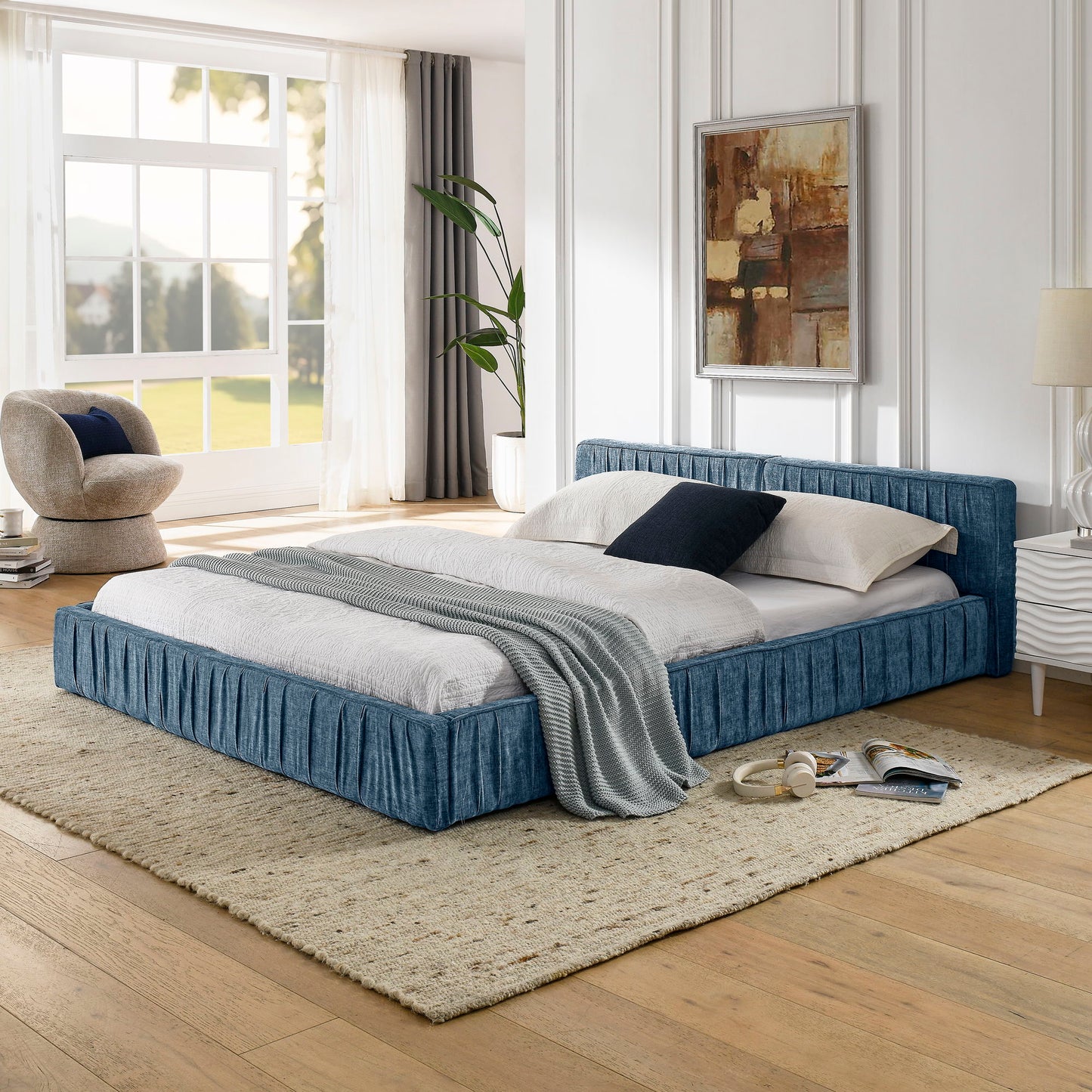Modern Upholstered Platform Bed Frame With Pleated Design