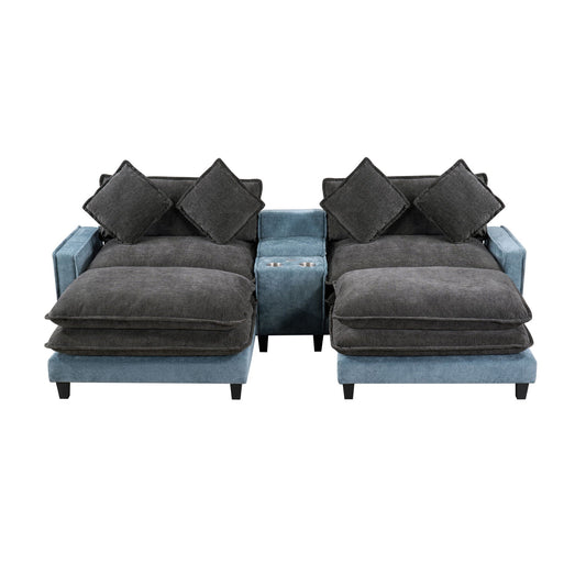 Sectional Sofa With Removable Ottomans, USB Ports, Cup Holders & Storage - Gray / Light Blue