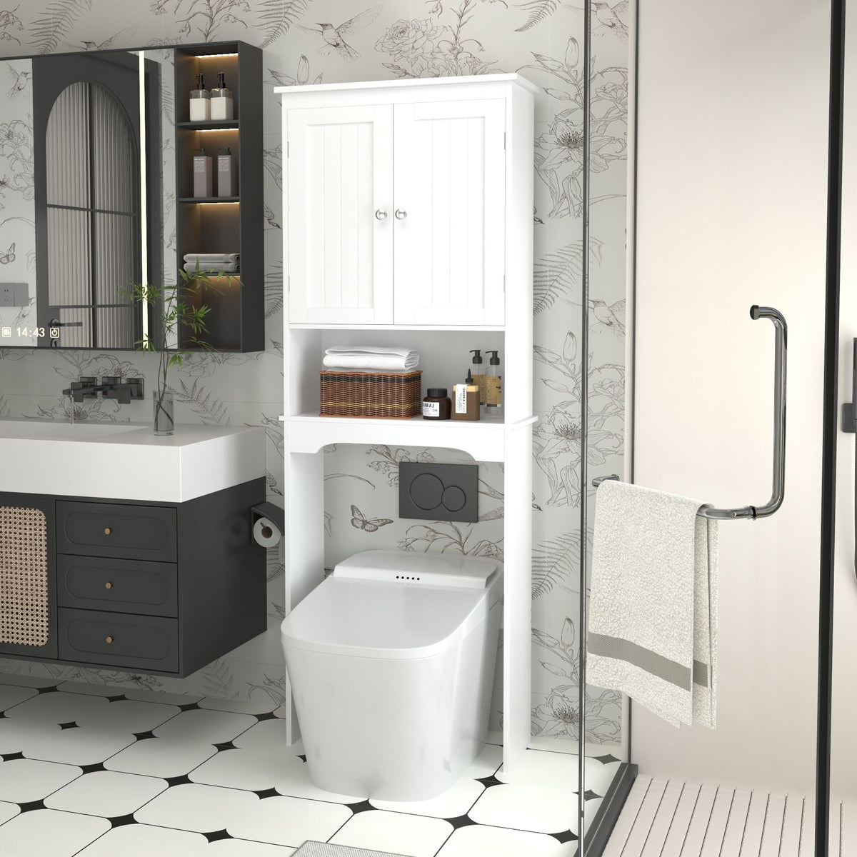 Over The Toilet Storage Cabinet, Bathroom Space Saver With Adjustable Shelf - White