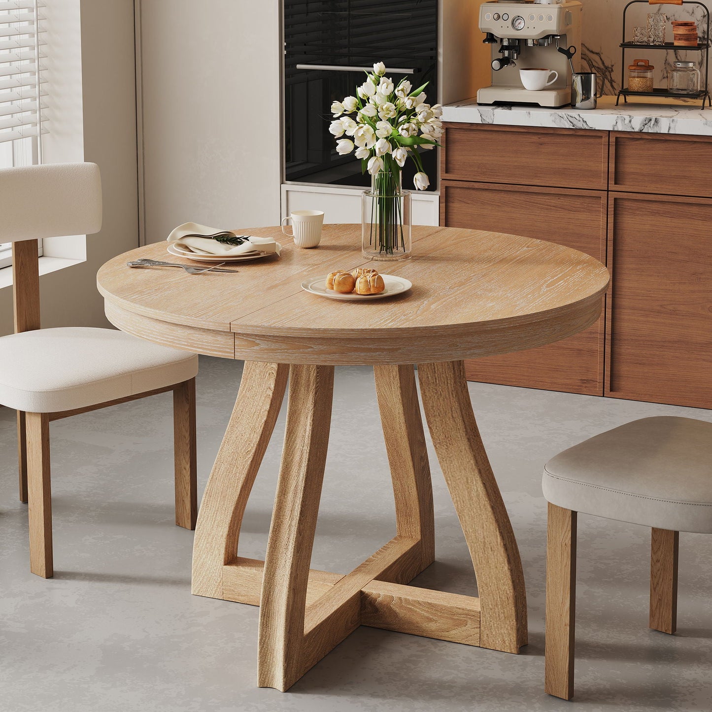 Round Extendable Dining Tabl, Middle Leaf, Curved Legs