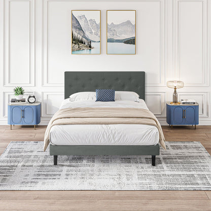 Modern Upholstered Platform Bed Frame With Button Tufted Linen Fabric Headboard
