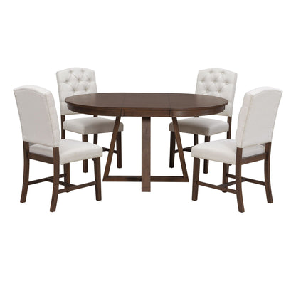Dining Set With Leaf Round Table And 4 Upholstered Chairs