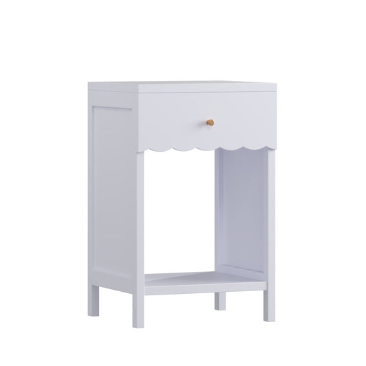 Nightstand With Drawer And Open Shelf, Scalloped Edge Bedside Table