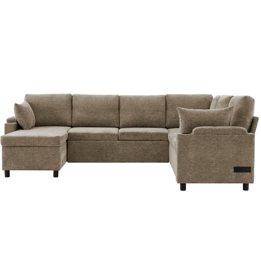 U-Shaped Sectional Sofa Bed With Storage, Charging Ports, And Cup Holders - Brown