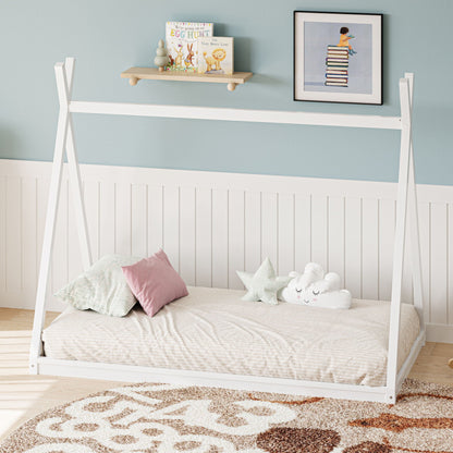 Wood Tent Bed For Kids, Montessori Style Low - Floor Bed, House-Shape Tent Bed Frame