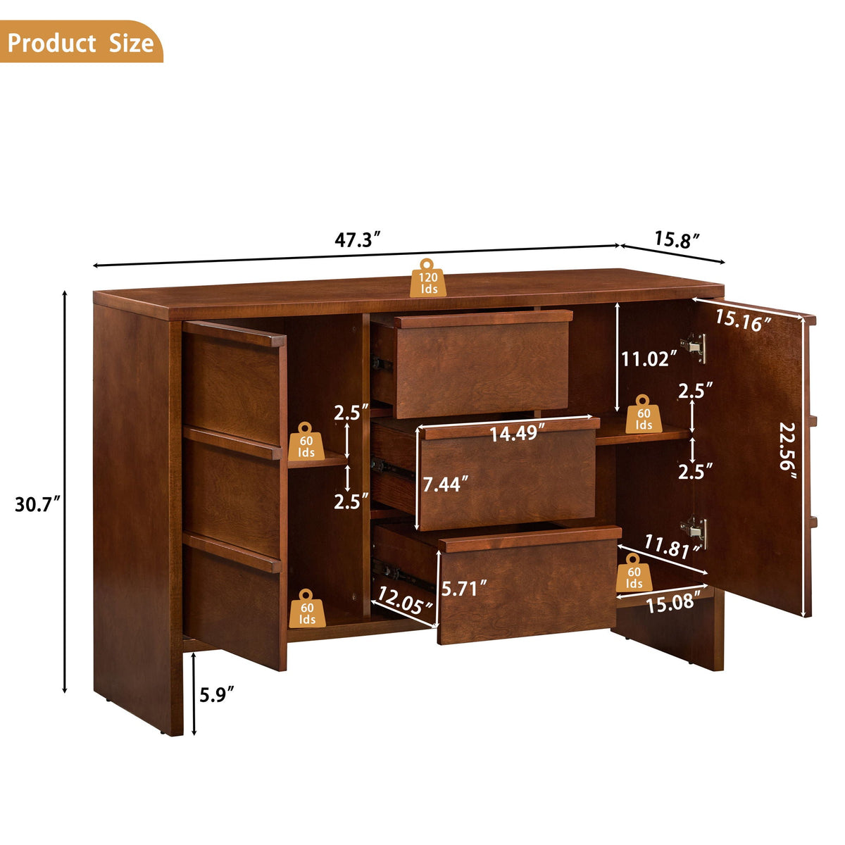 Sideboard Buffet Cabinet With Storage, 2 Doors 3 Drawers