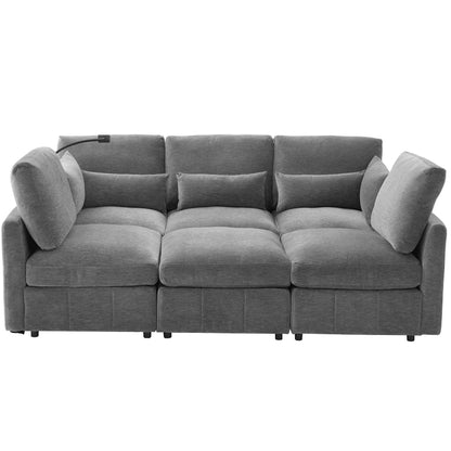 Modern Modular U-Shaped Sofa Bed With Movable Ottoman, USB Ports, Phone Holder
