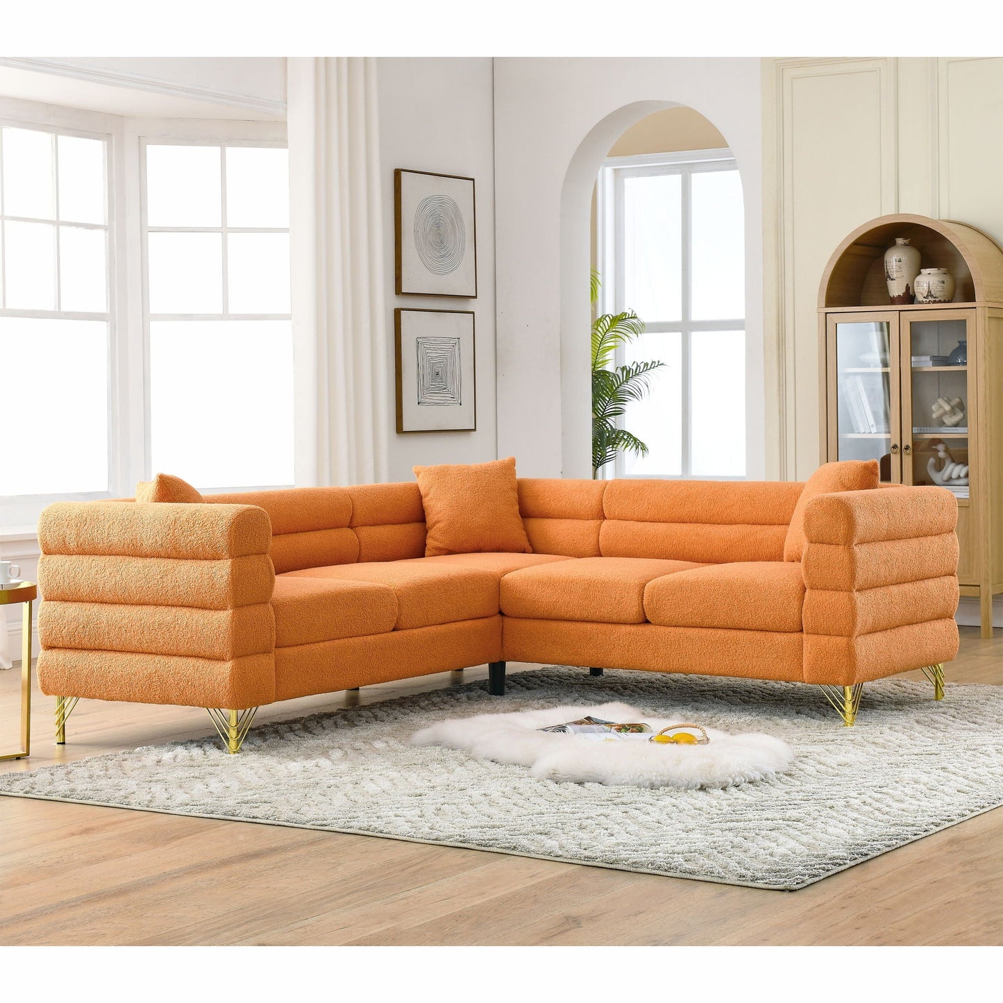 Oversized L - Shaped Corner Sofa, 5 Seater Sectional With 3 Cushions, Living Room Furniture - Orange