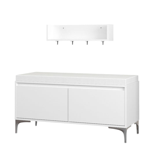 Wall Mounted Entryway Shelf With Hooks And Storage Bench Set - Off White