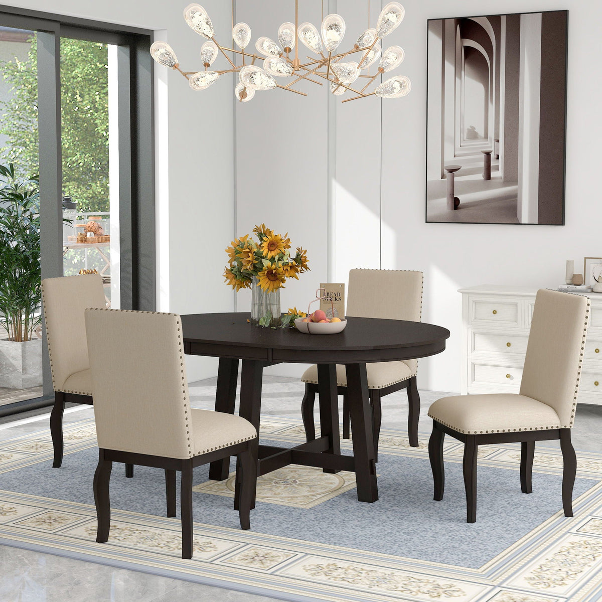 Round Extendable Dining Table Set With 4 Upholstered Chairs