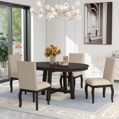 Round Extendable Dining Table Set With 4 Upholstered Chairs