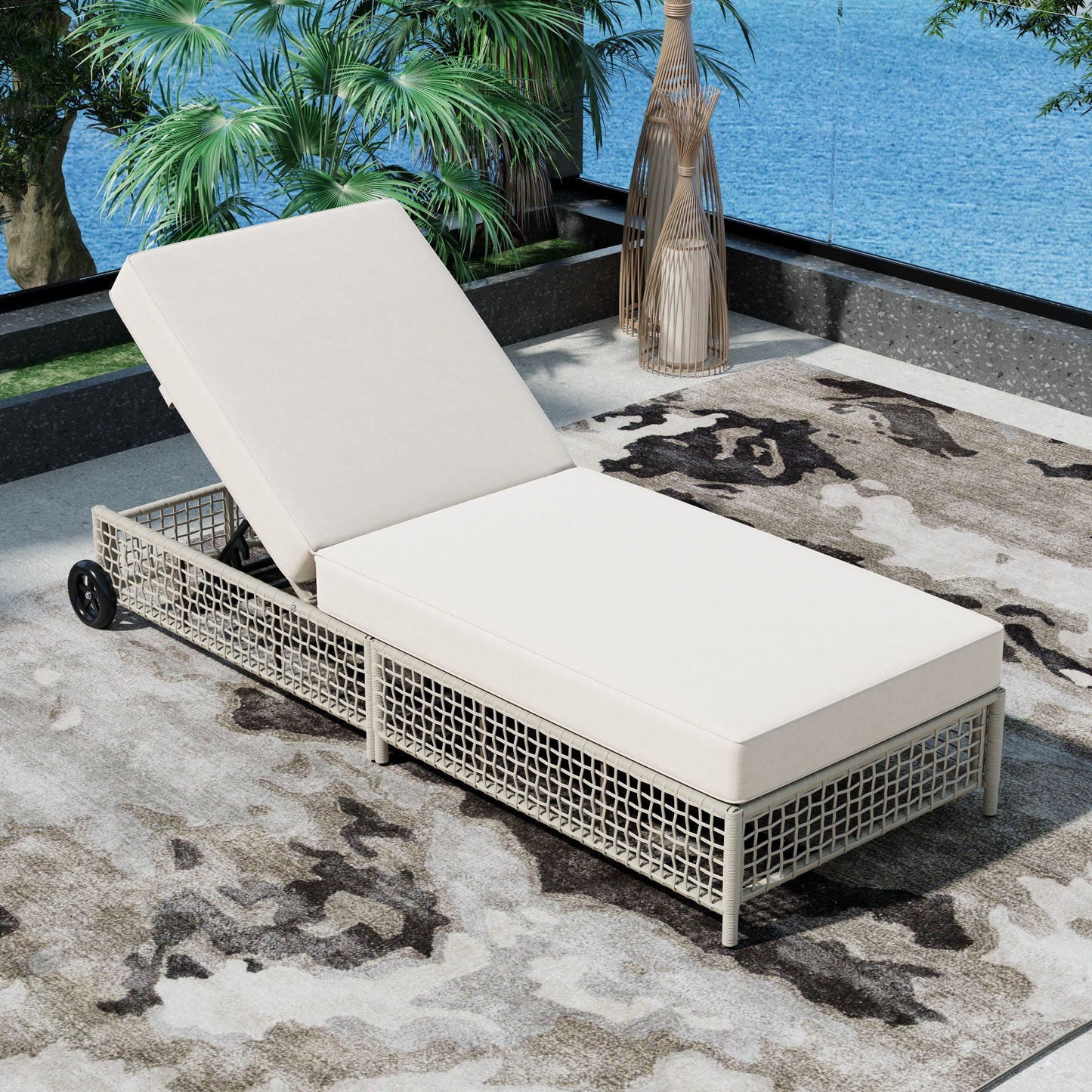 Outdoor Lounge Chair With 5 Position Backrest With Cushion And Wheels