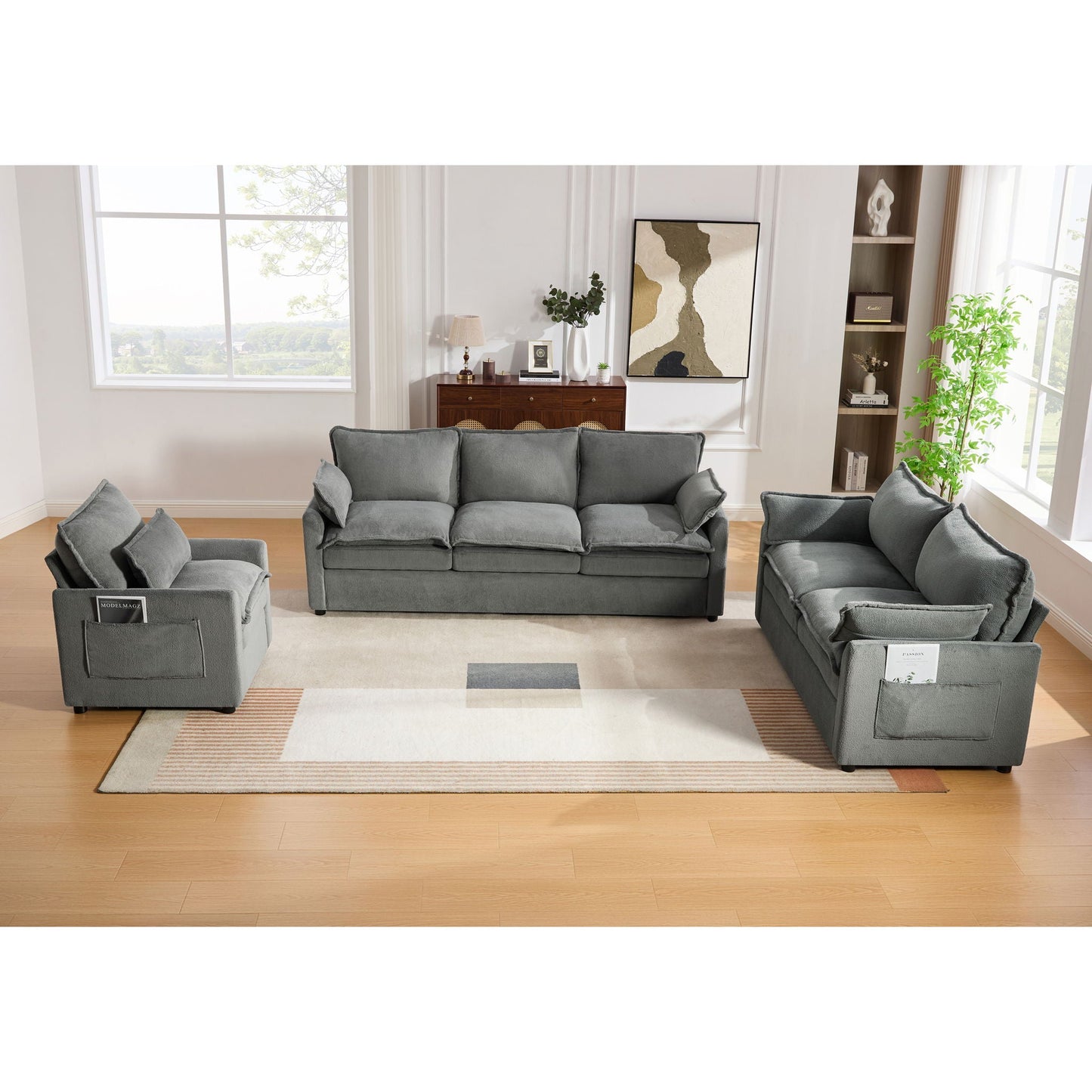 Modern Sofa Set With Double Layer Cushion And Side Storage Pockets