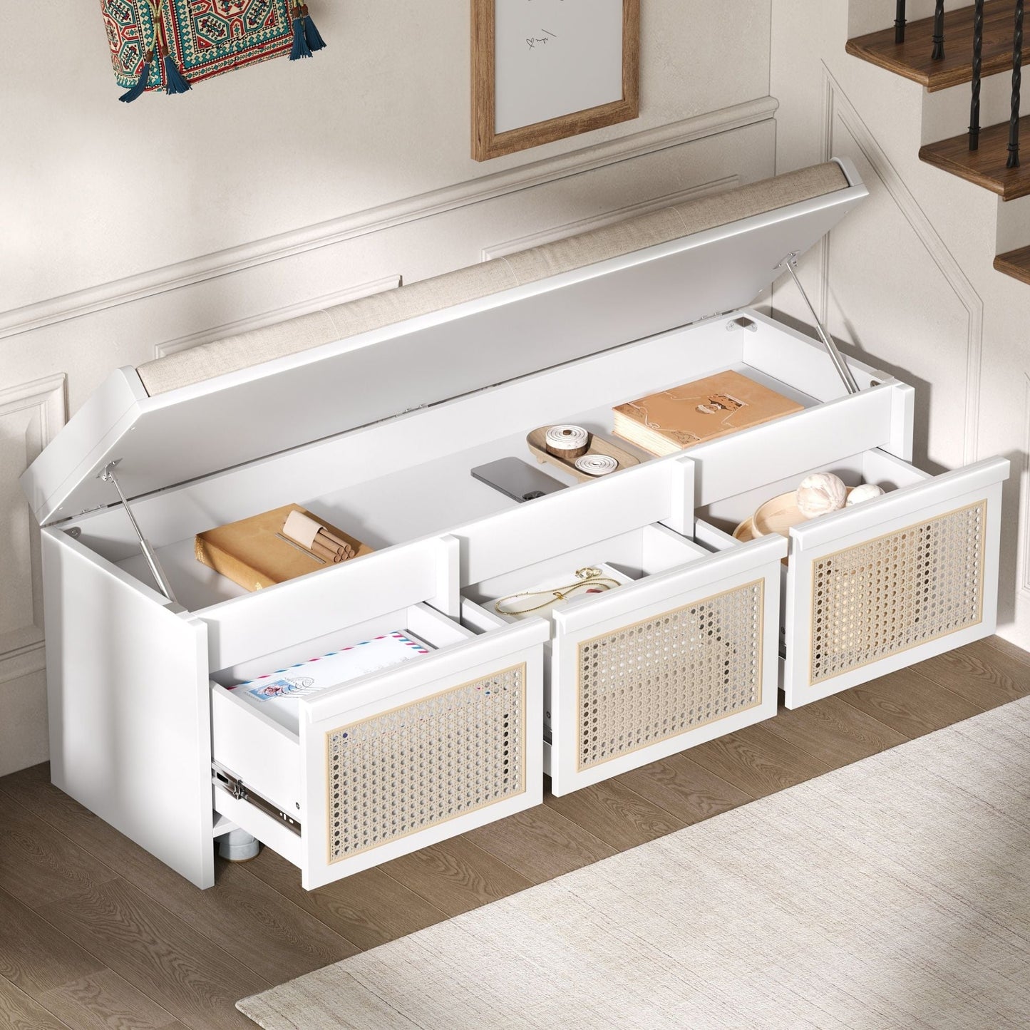 Entryway Shoe Bench With Drawers & Button Tufted Cushion
