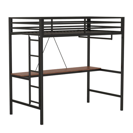 Adam - Twin Loft Bunk Bed With Cinnamon Wood Desk And Closet Rod - Black