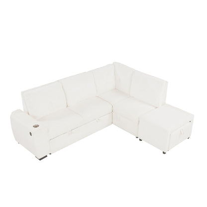 Pull-Out L-Shaped Sectional Sofa With Movable Ottoman And Stool, Large Storage Space, A Cup Holder, And 2 USB Ports For Living Room