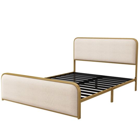 Queen Size Bed Frame With Curved Upholstered Headboard And Footboard - Beige / Gold