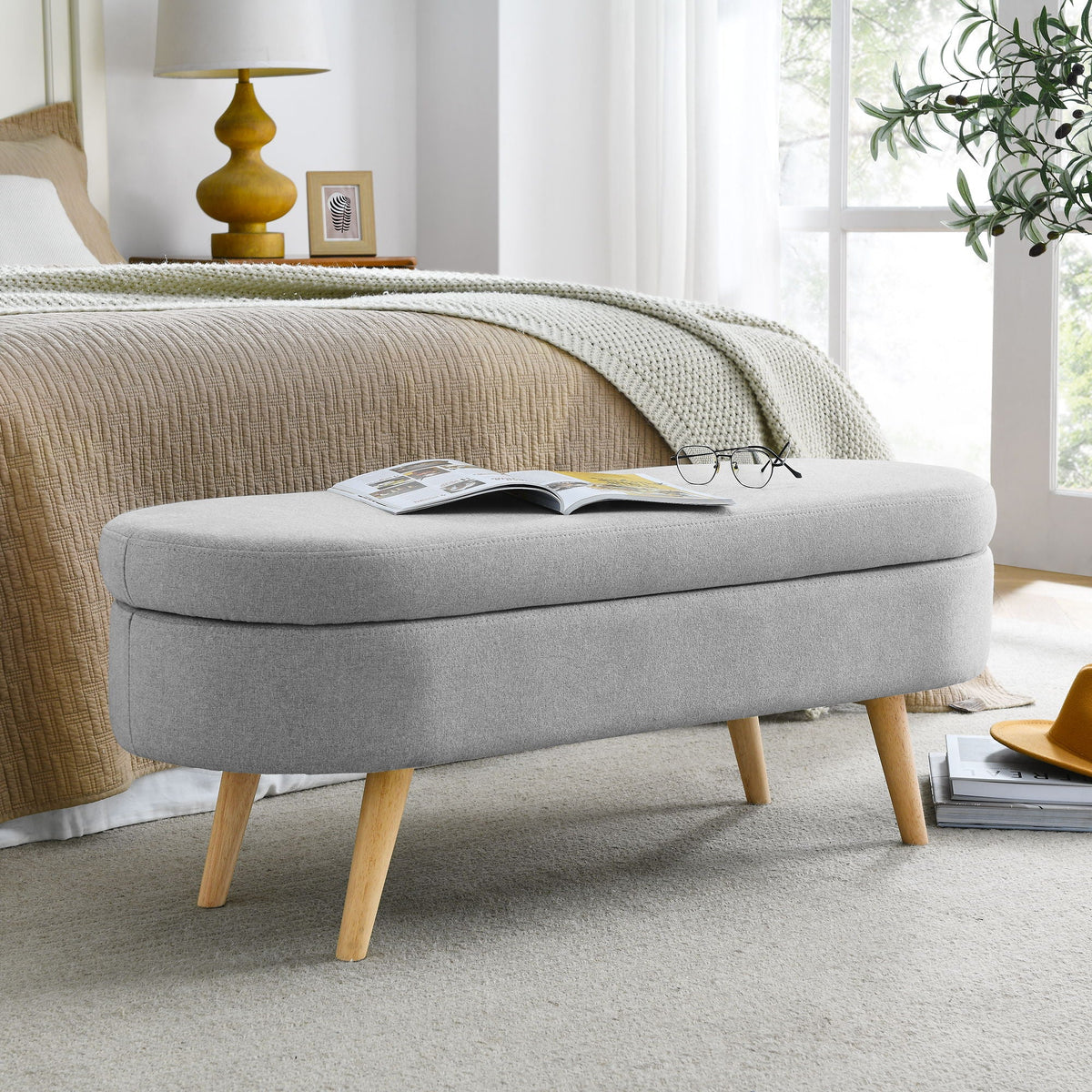 Ottoman Oval Storage Bench With Rubber Wood Legs Linen - Gray