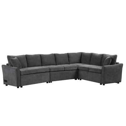 L-Shaped Sofa Convertible Sofa Bed Pull Out Sofa Sleeper With Two Back Pillows, Two USB Ports And Two Power Sockets For Living Room