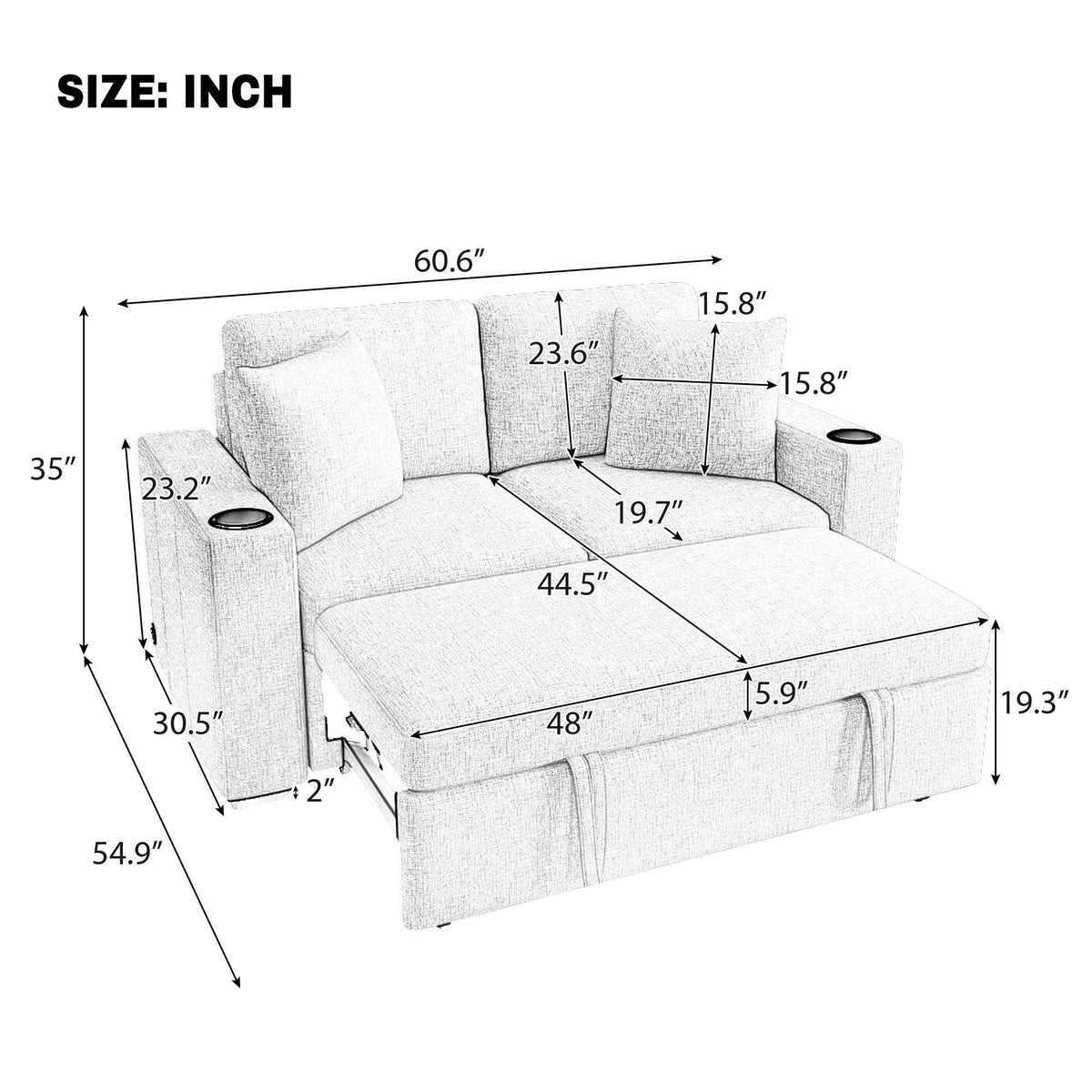 Modern 2 Seater Loveseat Sofa With Pull-Out Bed, Fabric, Built-In USB Ports & Cup Holders