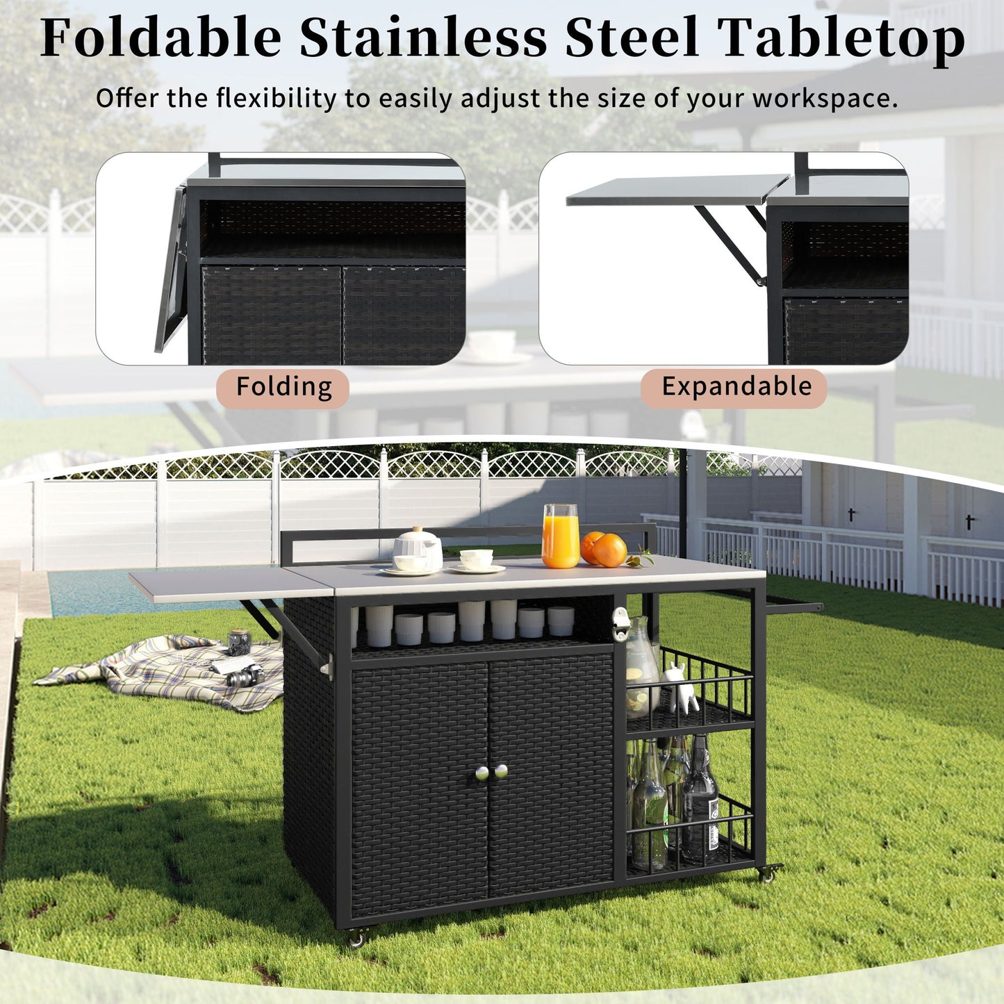 Outdoor Kitchen Island With Storage, Cooking Station, Grill Cart, Foldable Tabletop, And Bottle Opener - Dark Brown