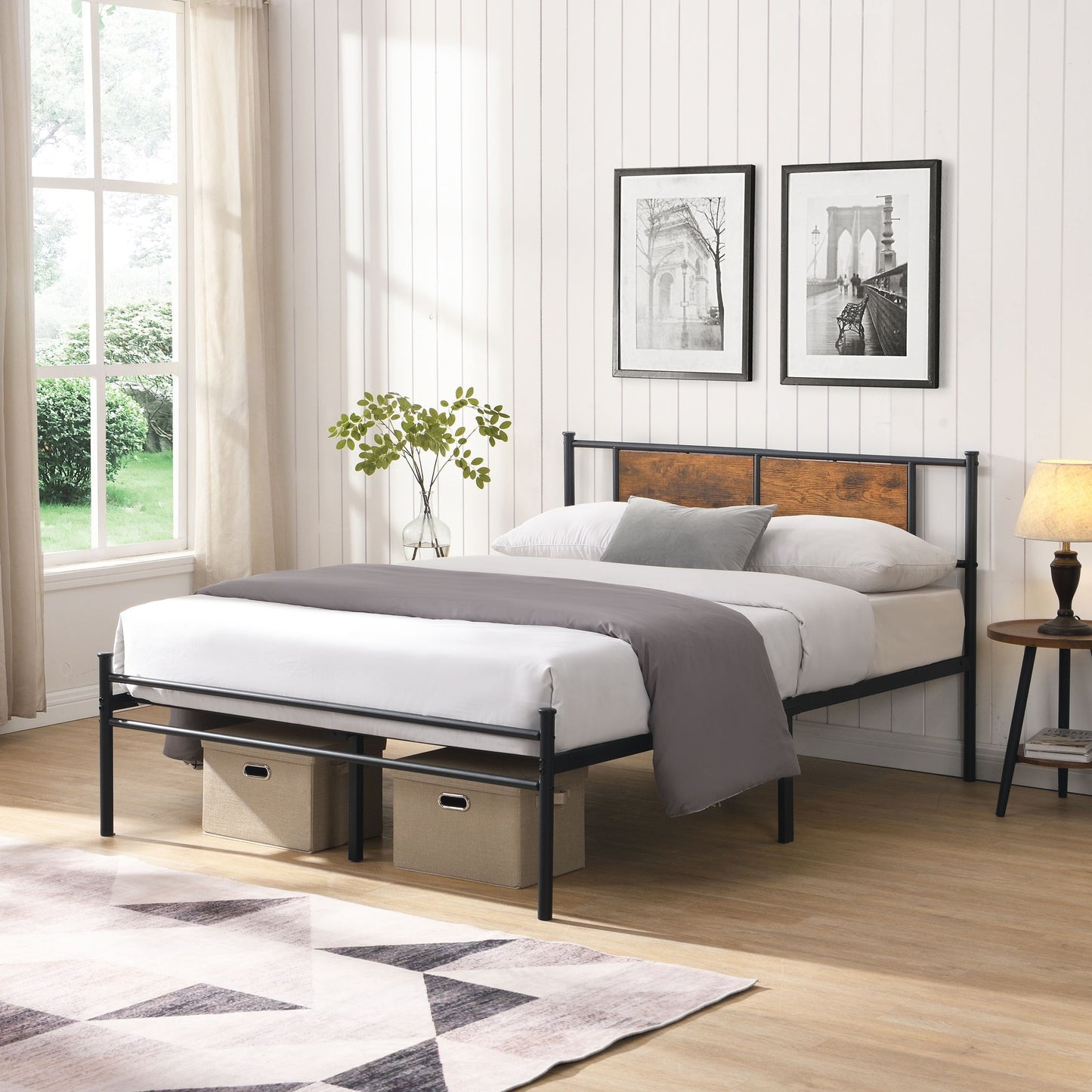 ModerMetal Bedframe With Wood Panel Headboard