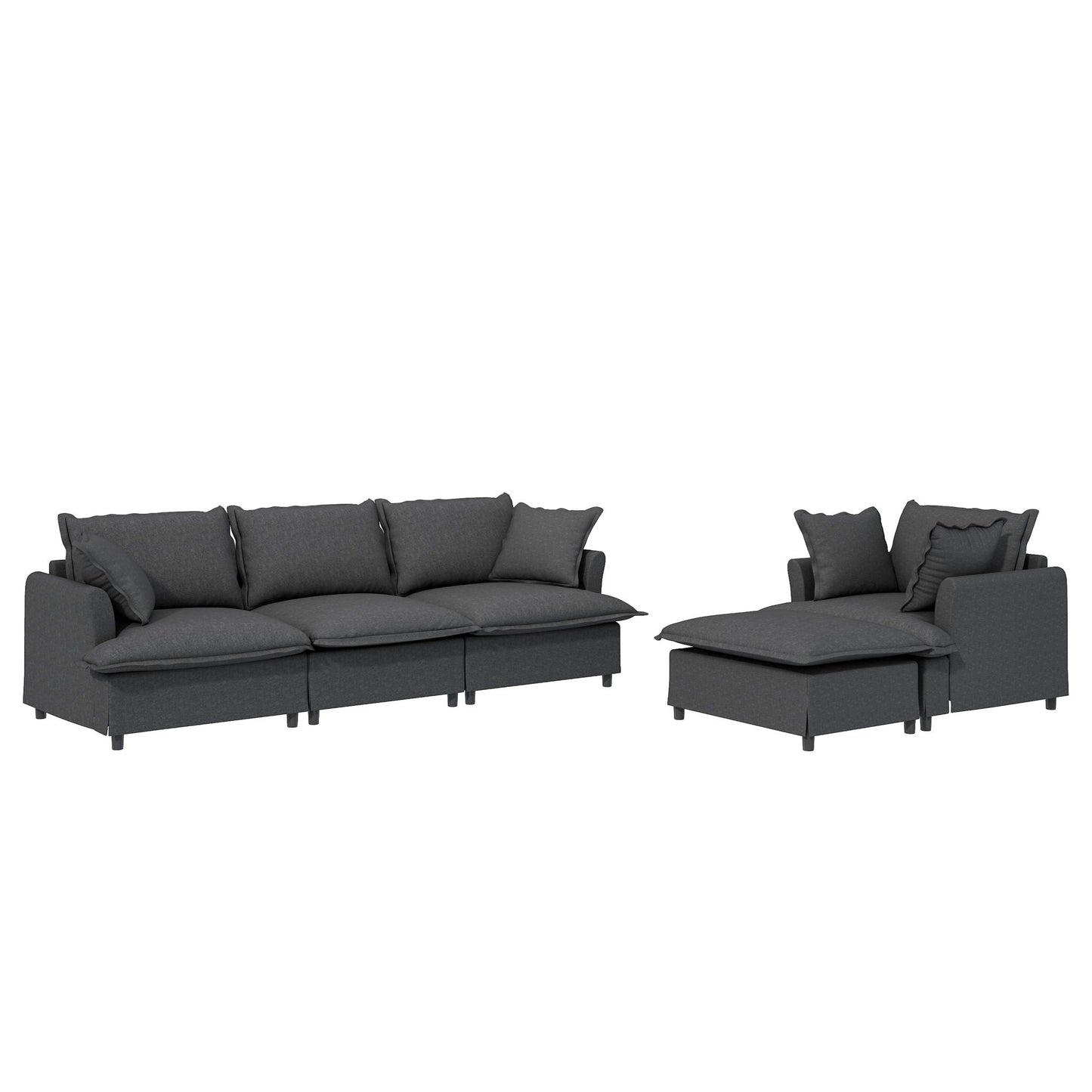 3 Piece Living Room Set Modular L Shaped Sectional Couch Upholstered, 3 Seater Sofa & Armchair & Movable Ottoman 5 Seat - Gray