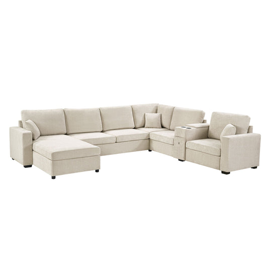 Modular 5 Seat U-Shape Sectional Sofa With Chaise Lounge, Built In Cup Holders And Storage Drawer
