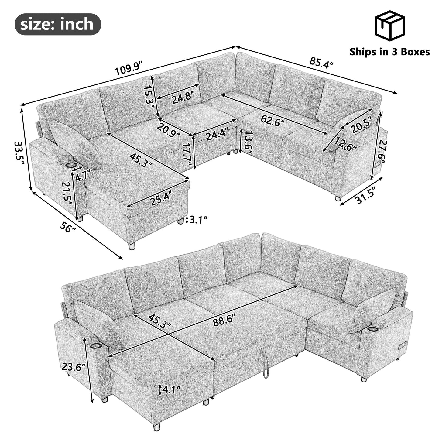 U-Shaped Sectional Sofa Bed With Storage, Charging Ports, And Cup Holders - Brown
