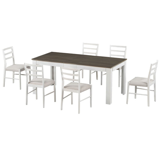 7 Piece Dining Set With Extendable Table, 2 Drawers & 6 Upholstered Chairs