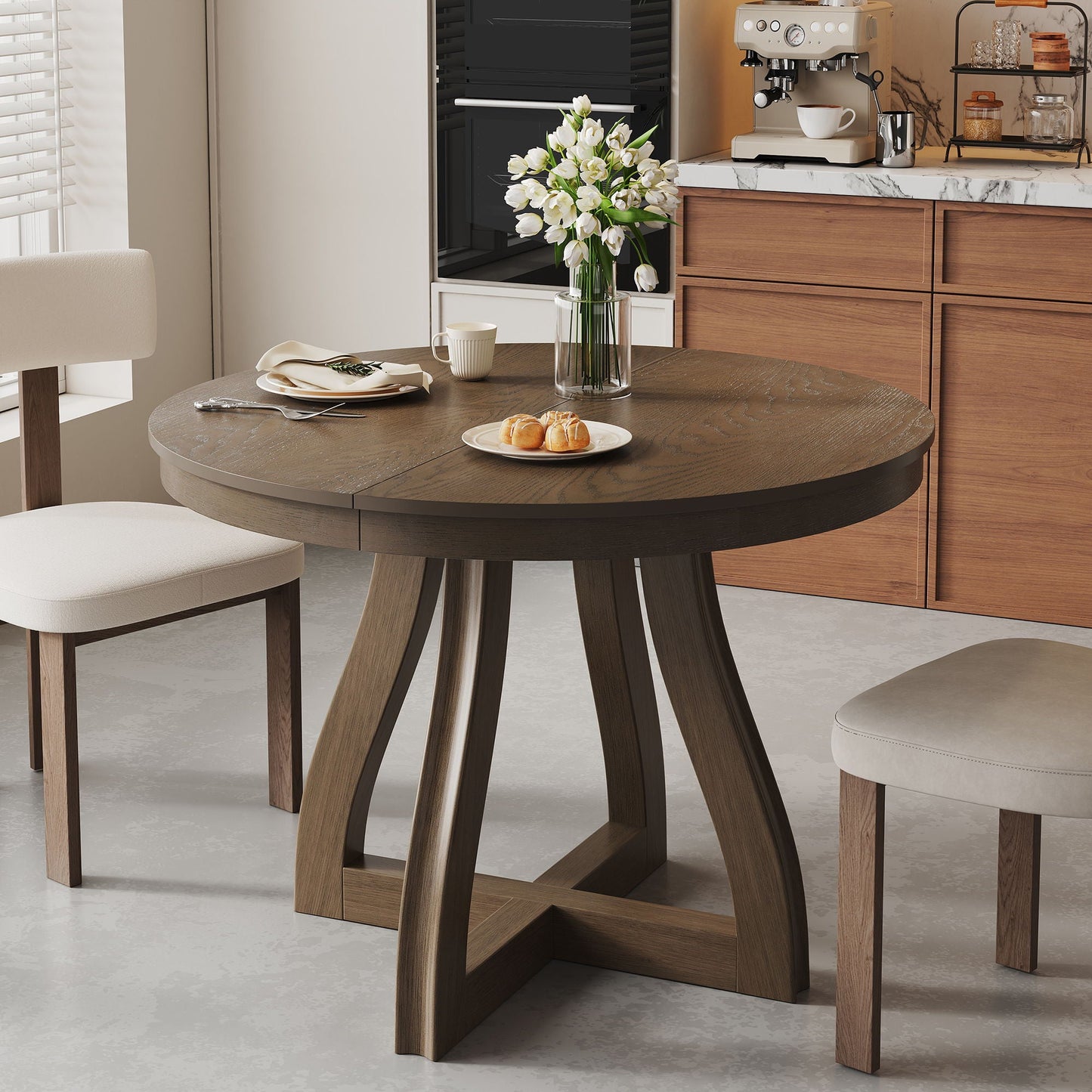 Round Extendable Dining Tabl, Middle Leaf, Curved Legs