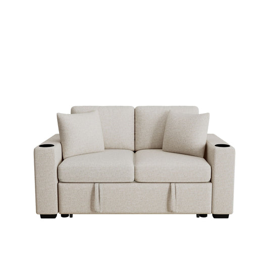 Modern 2 Seater Loveseat Sofa With Pull-Out Bed, Fabric, Built-In USB Ports & Cup Holders