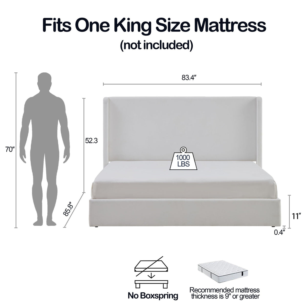 Carmen - King Size Upholstered Wingback Bed - White