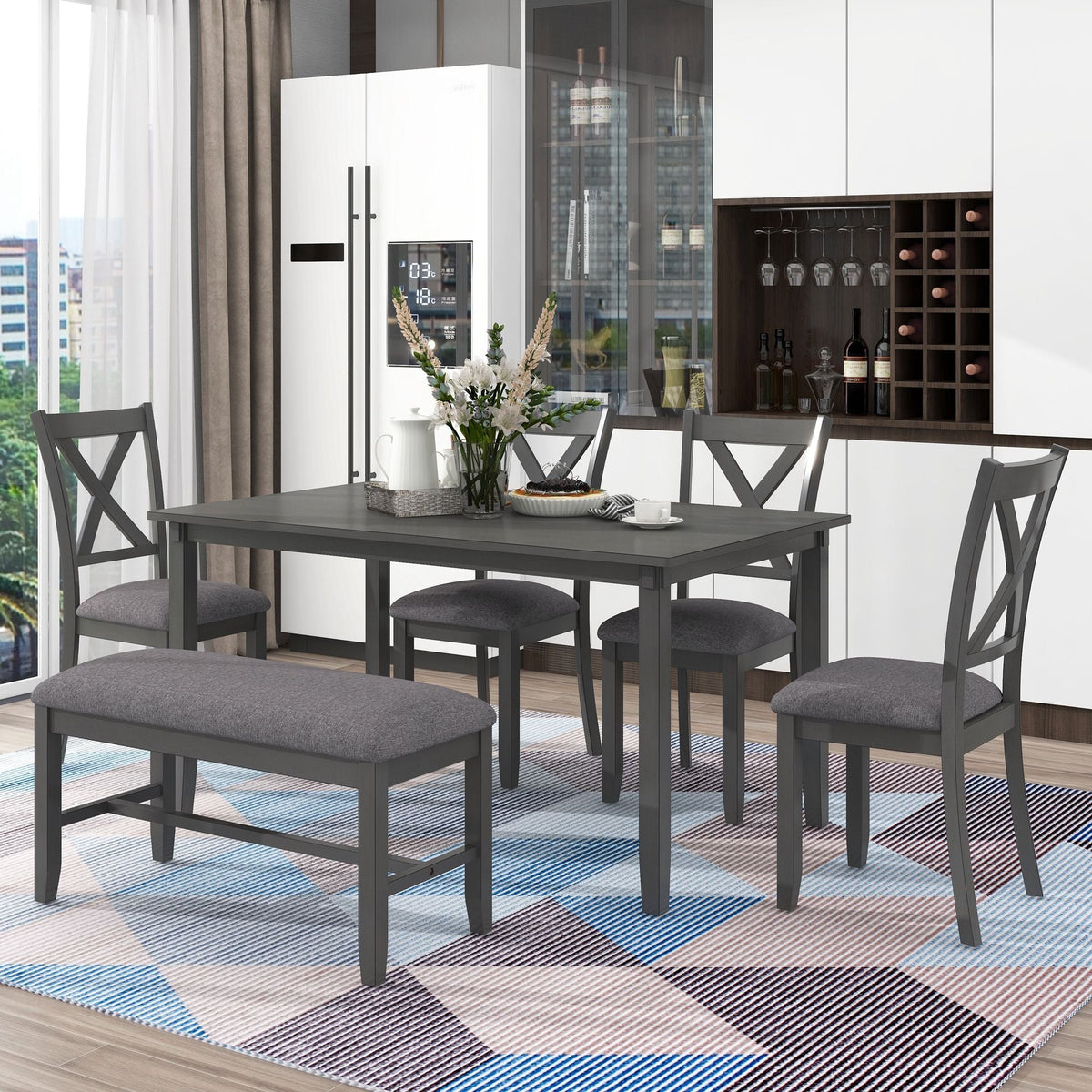 6 Piece Rectangular Dining Table Set With 4 Chairs And Bench