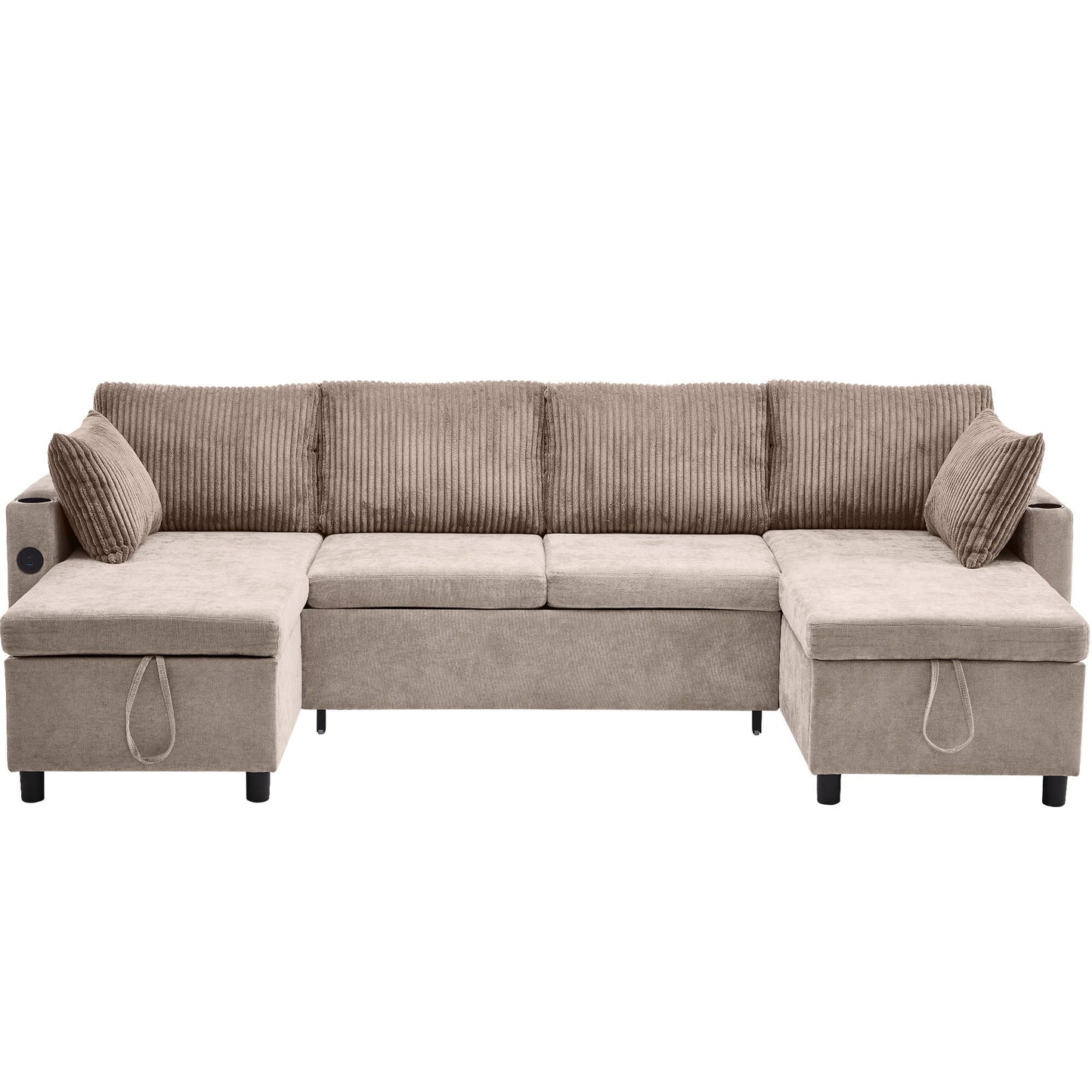 Sectional Sofa Bed With Pull Out Sleeper, USB Ports, Cup Holders