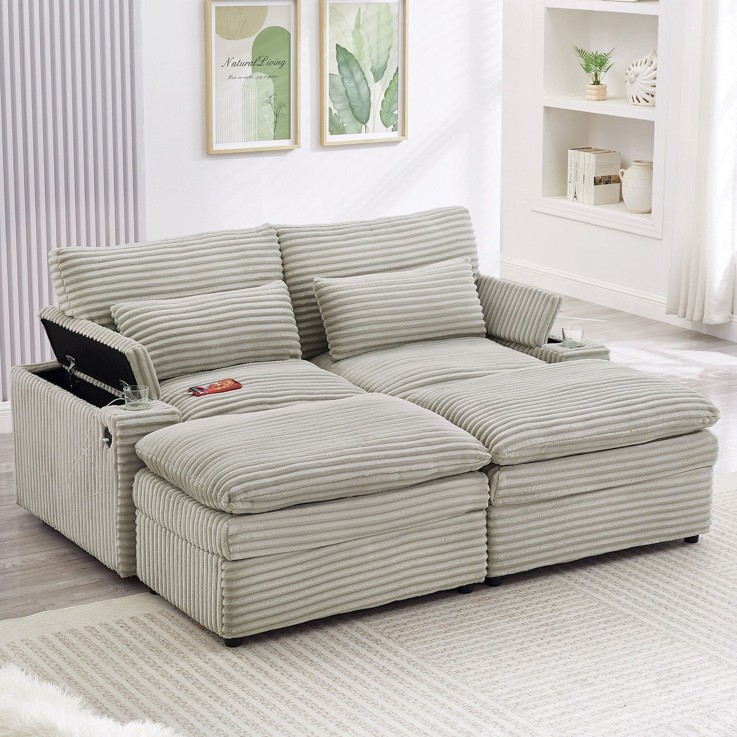 Convertible Loveseat Sofa With Storage, USB Ports, Cup Holders