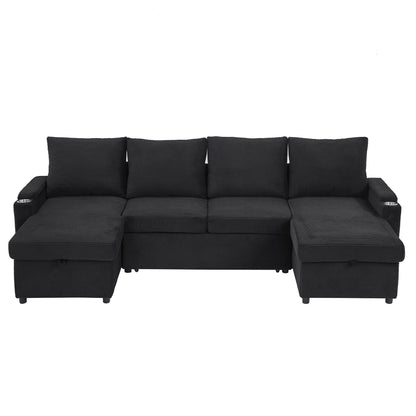 U Shaped Sectional Sofa Bed With Storage Chaise Lounges, USB Ports, And Cup Holders