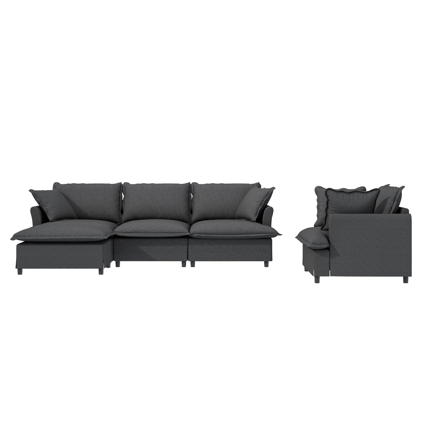 3 Piece Living Room Set Modular L Shaped Sectional Couch Upholstered, 3 Seater Sofa & Armchair & Movable Ottoman 5 Seat - Gray