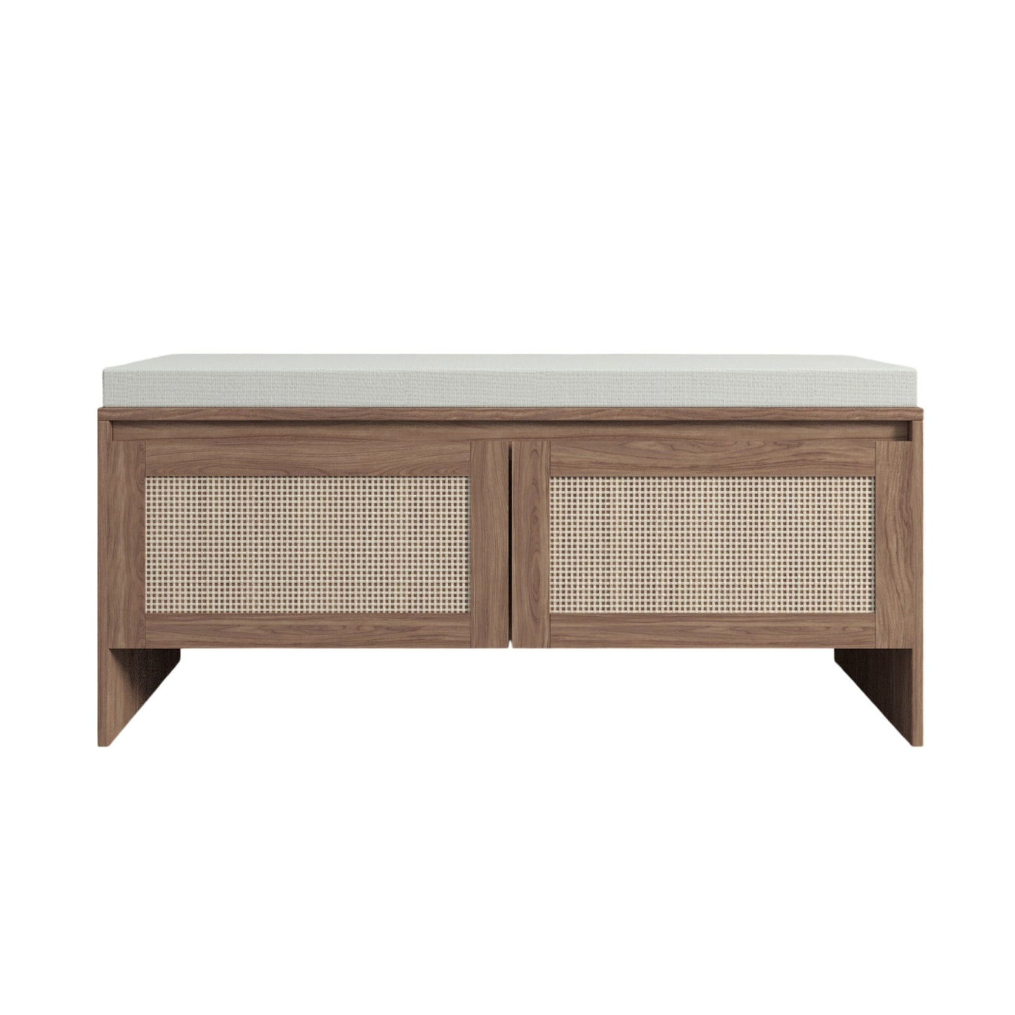 Storage Bench With Cushion, Shoe Cabinet With 2 Doors - Antique Natural / Rattan