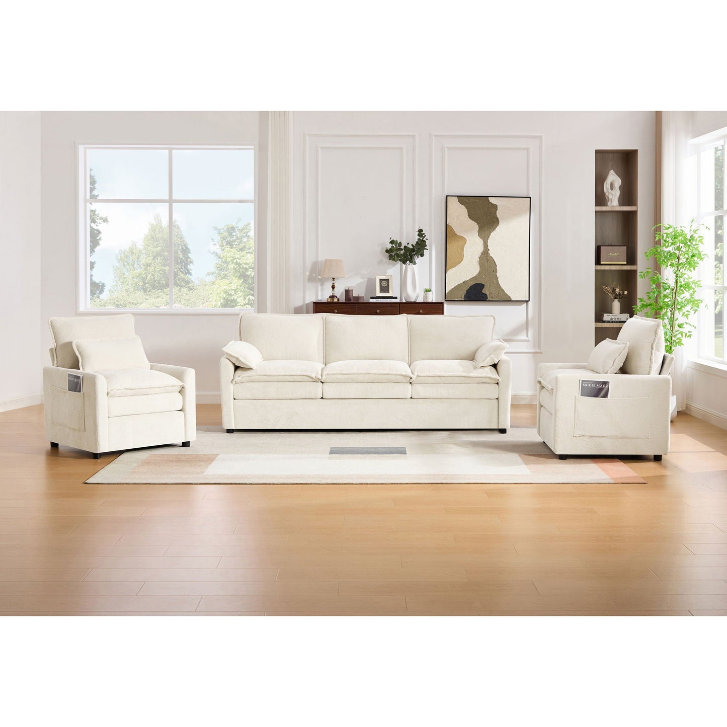 Modern Sofa Set With Double Layer Cushion And Side Storage Pockets