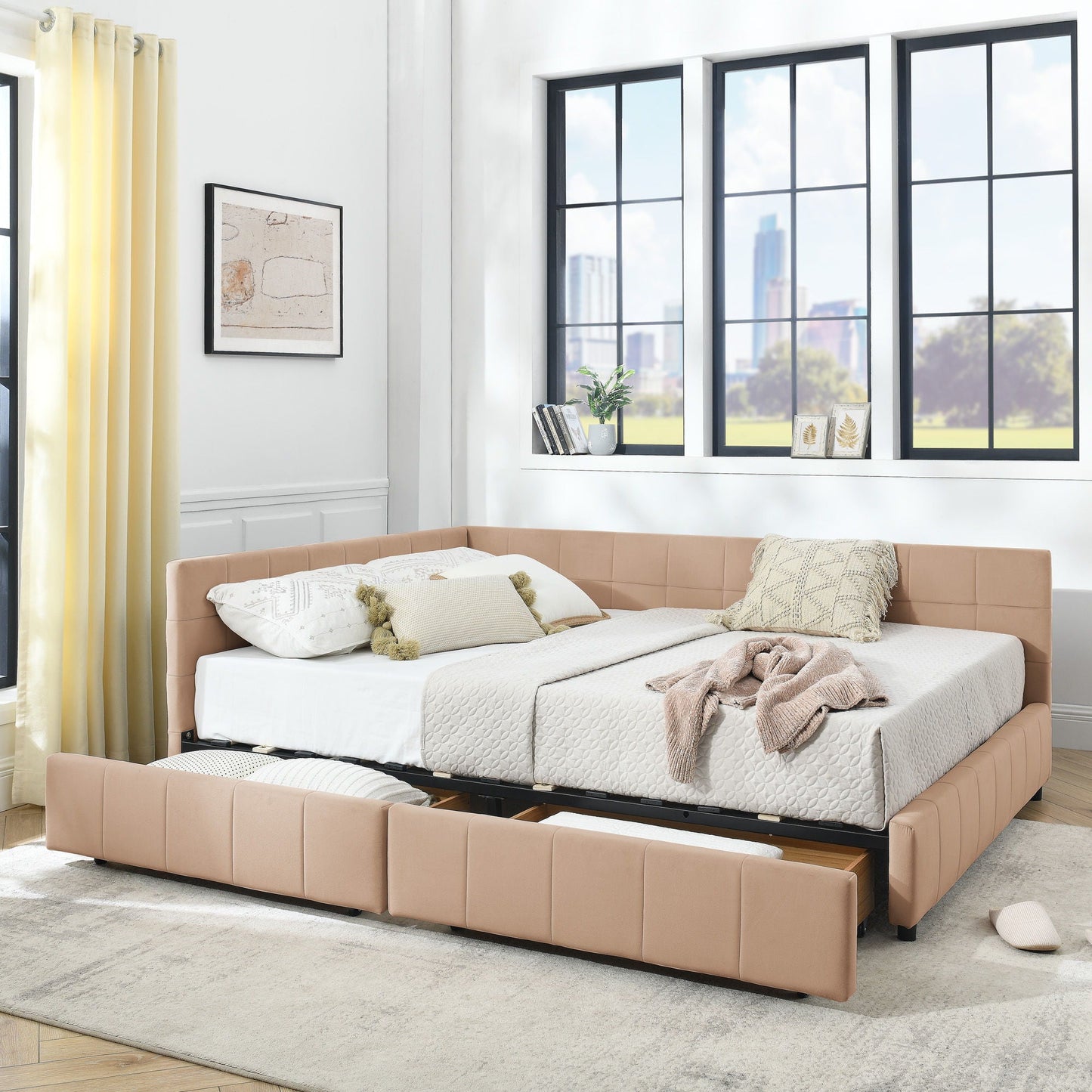 Mid-Century Storage Upholstered Tufted Bed Frame With Backrest And Armrests