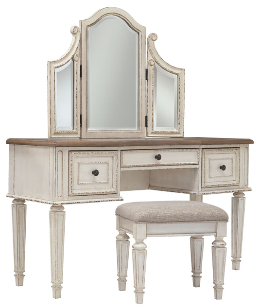 Realyn - Vanity/Mirror/Stool (Set of 3) - White / Brown / Beige
