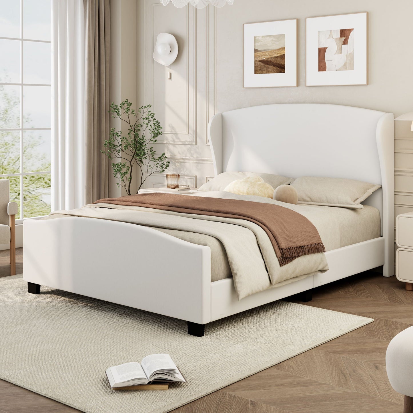 High Headboard Wingback Linen Upholstered Bed