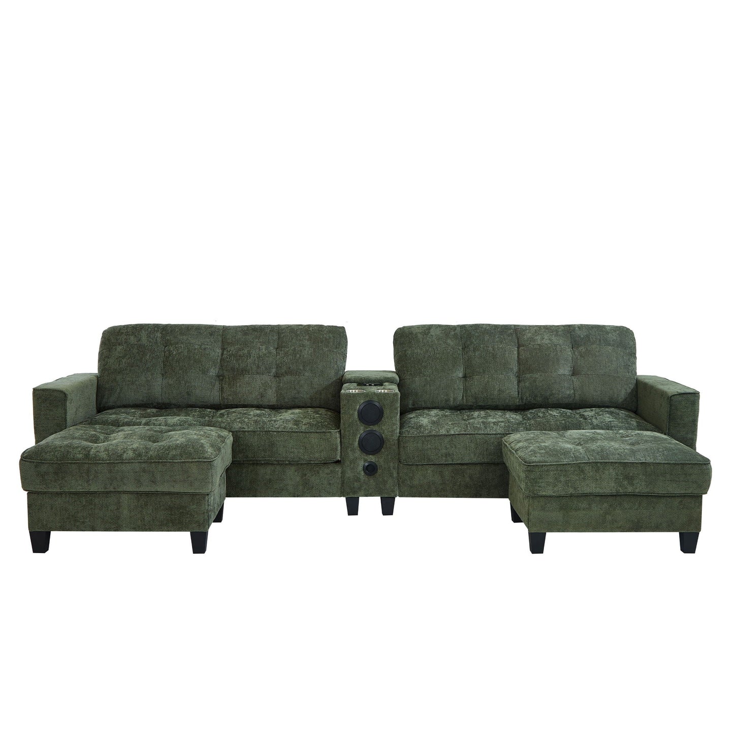 Modern Sectional Sofa U-Shaped With Movable Ottomans, tooth Speakers, LED Lights And Modular Storage