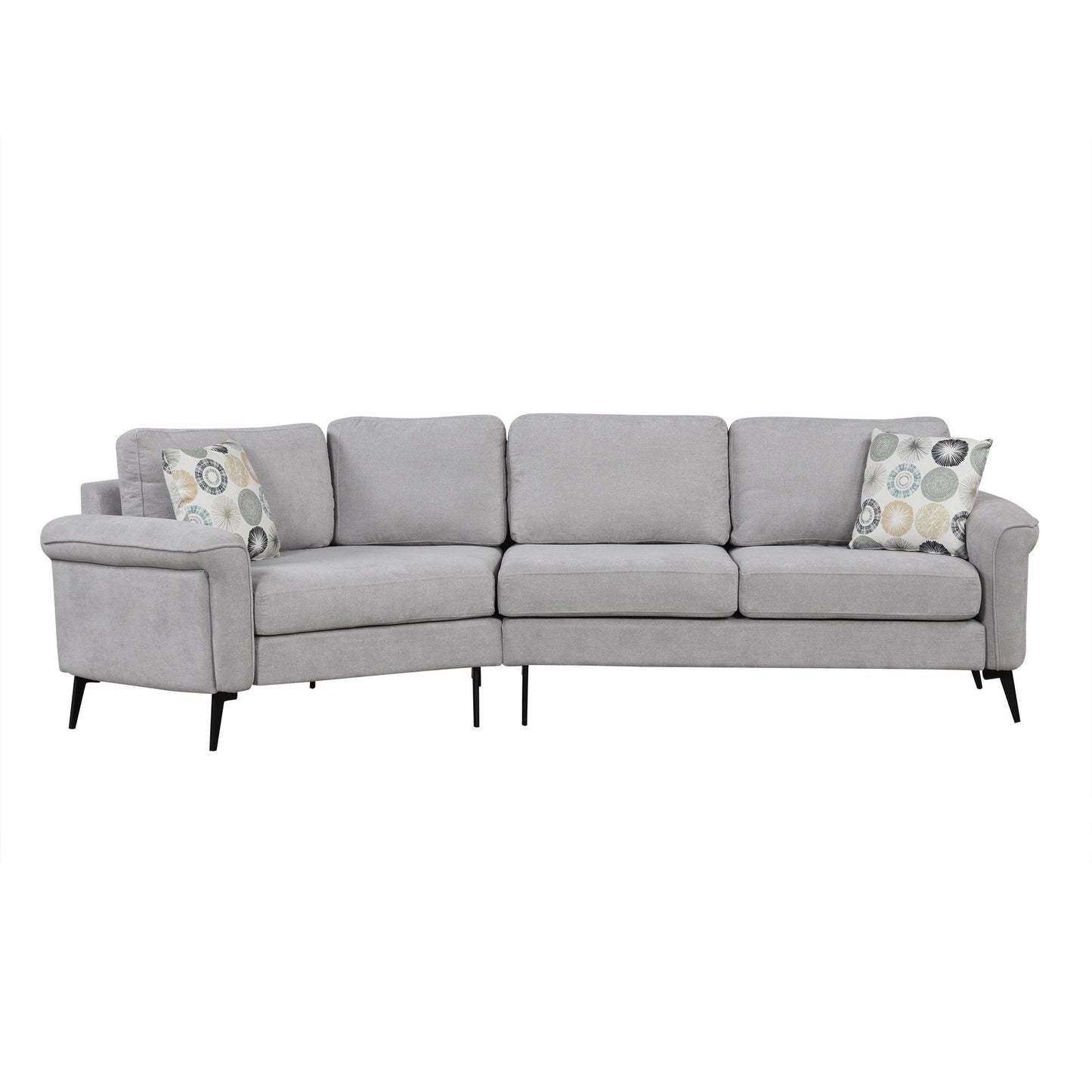 Upholstered 3 Seater Curved Sofa With Printed Pillows Chenille