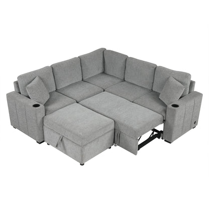 Sectional Sofa Convertible Pull-Out Sofa Bed With A Movable Storage Ottoman For Living Room