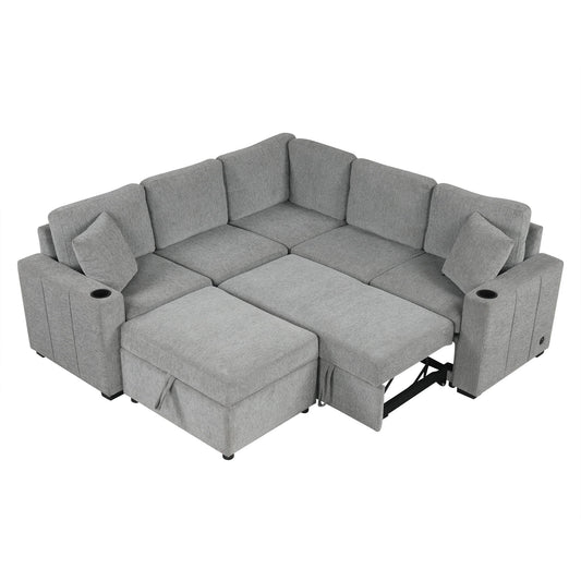 Sectional Sofa Convertible Pull-Out Sofa Bed With A Movable Storage Ottoman For Living Room